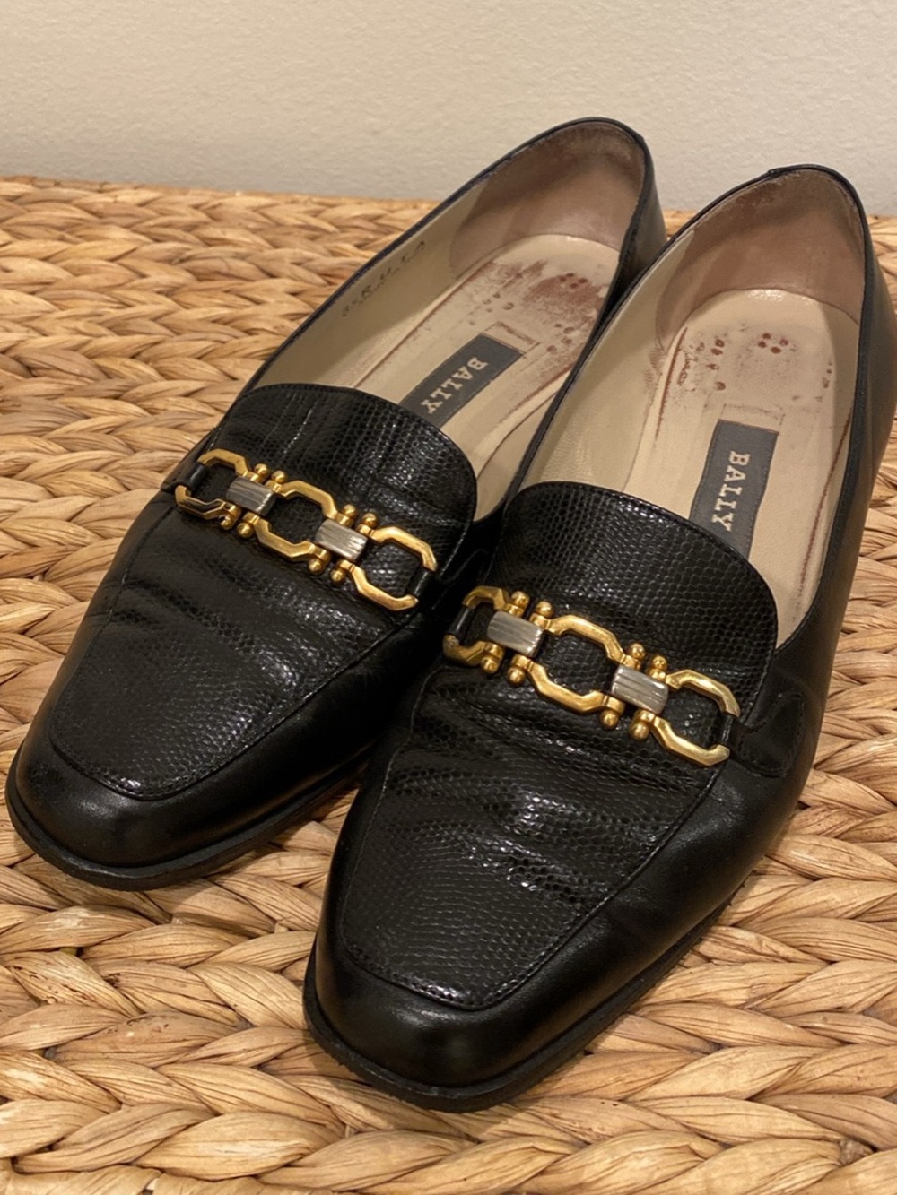 Bally Black Leather Loafers with Gold Horse-Bit Chain Detail